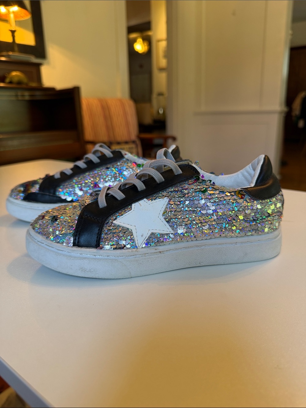 Lola and the Boy girls 35 4Y Kids Sparkle Star Sneakers -Silver & Rainbow Sequin